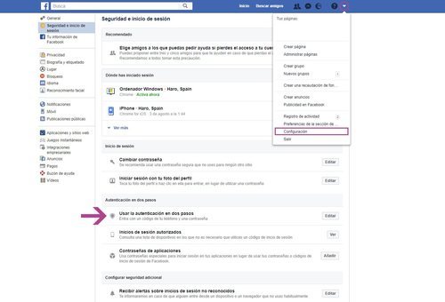 Accede a los ajustes de seguridad de Facebook desde la versión escritorio de la web.